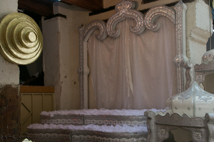Fez, Morocco 10-13-2014: You can buy many things here!  A booth selling wedding items - a silver jeweled bed!