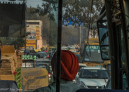 Into Agra - the red turban is on our amazing driver!  The bus encounters heavy traffic going every which way.