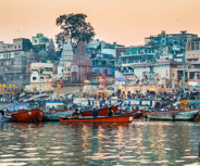 Ghats on the Ganges: The preparations begin for the Ganga Aarti Hindu spiritual ritual performed every night on these shors.