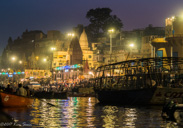 Ghats on the Ganges, Varanasi: The ceremony is underway.  Under each of the arches is a Hindu priest.  I think this is also called the fire offering ceremony.