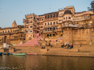 Varanasi: Wider view of the ghats, again showing the houses and hotels facing the rising sun on the Ganga.