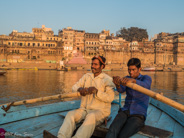 Varanasi: Time to go to shore:  a wide angle of the ghats.