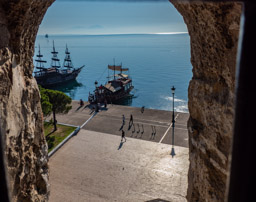 Another view from the White Tower, old reconstructed boats on the Aegean.