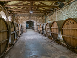 The rows of wine barrels go on and on, two rooms and more.