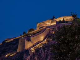 The castle fortress by night as seen in Nafplion.