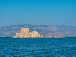 Island of Bourtzi topped by this huge Fortress Castle build by Venetians in 1473.